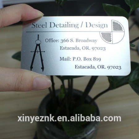 silver stainless metal business card with black etch